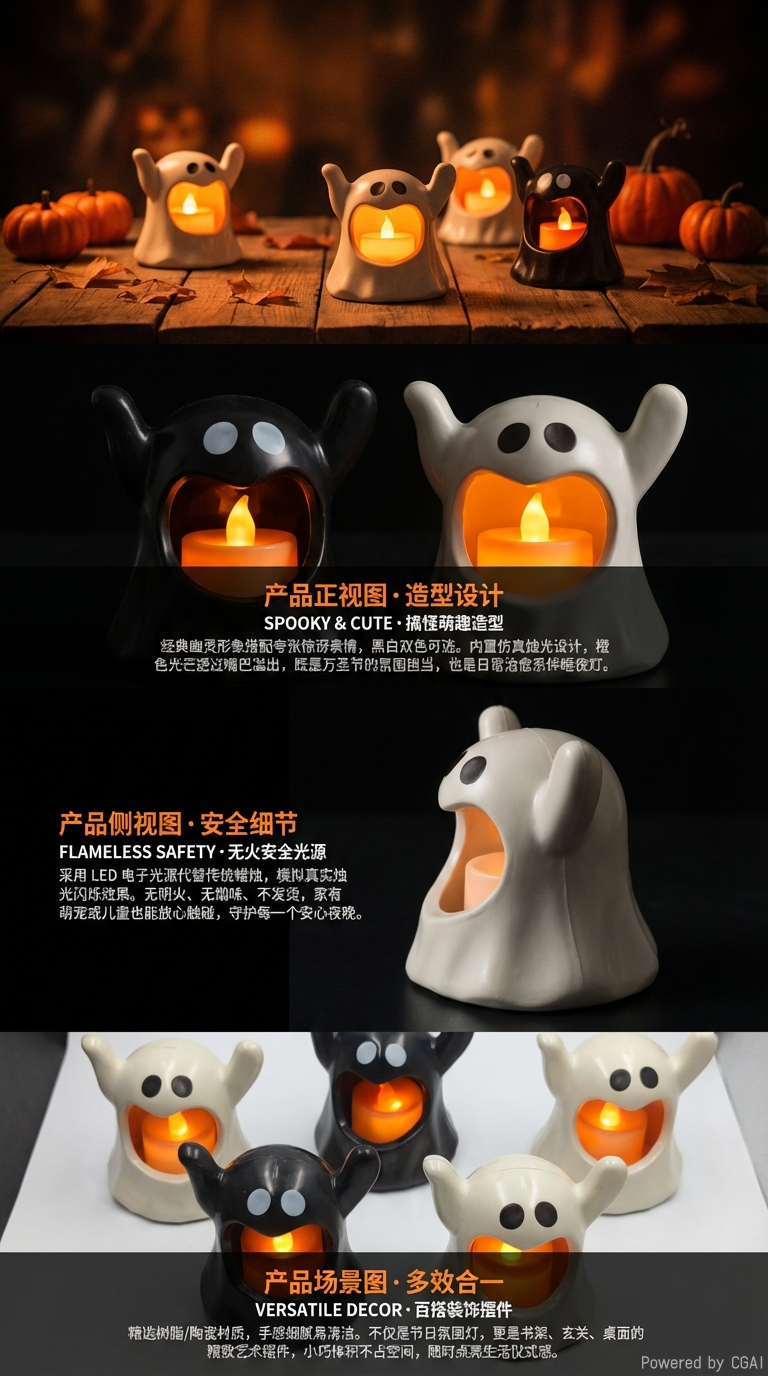 万圣节夜南瓜灯幽灵蜡烛灯桌面摆件店铺氛围场景布置装饰道具摆件详情2