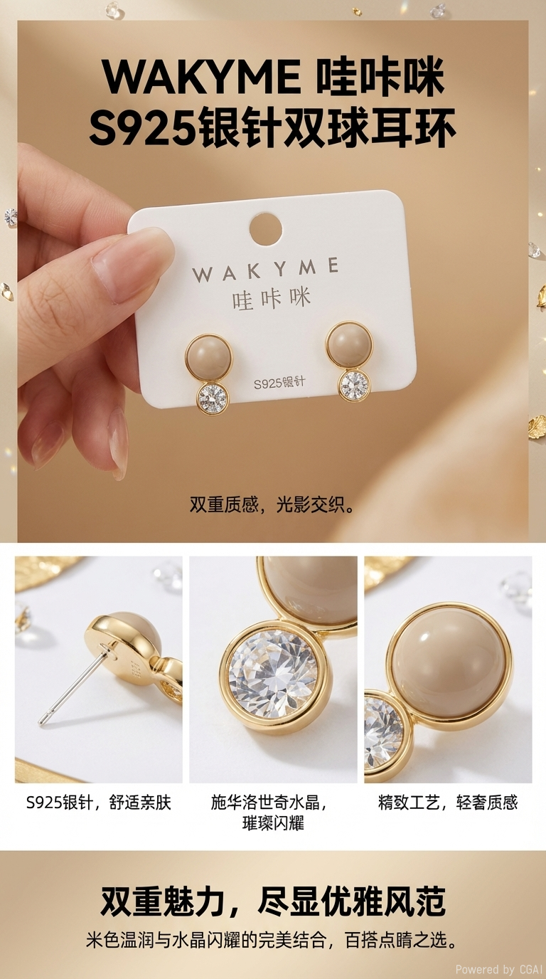 哇咔咪法式奶咖色锆石耳钉S925银针防过敏 温柔通勤气质耳饰详情1