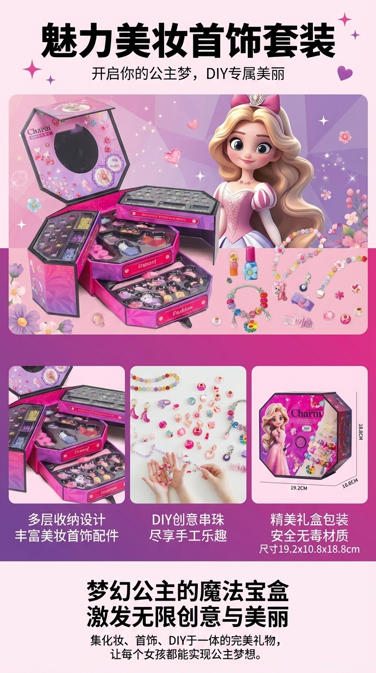 儿童化妆玩具套装36件套魅力装扮珠宝发饰指甲油美妆盒详情1