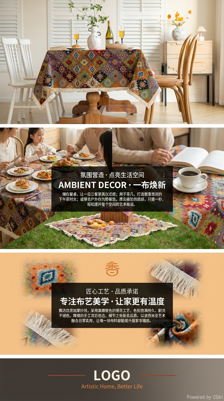 博杰家纺波西米亚桌布法式复古餐桌布布艺棉麻彩色流苏民族风几何田园美式详情3