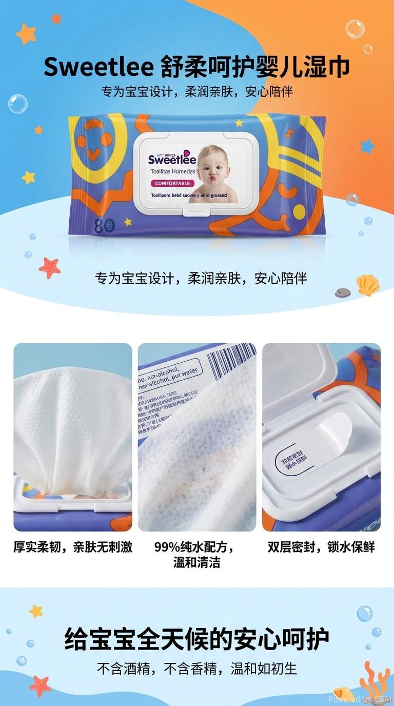 婴儿湿纸巾80抽装温和清洁柔润不刺激便携装详情1