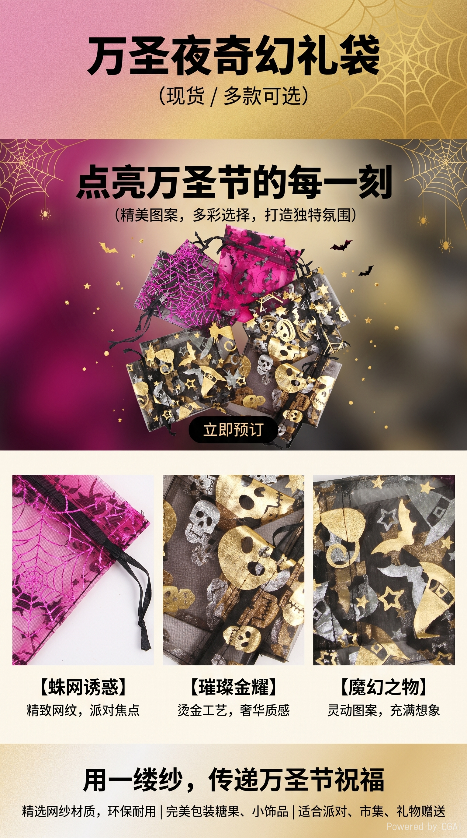 欧根纱袋网纱丝巾袋万圣糖果袋烫金礼品袋可重复使用透气防异味详情1