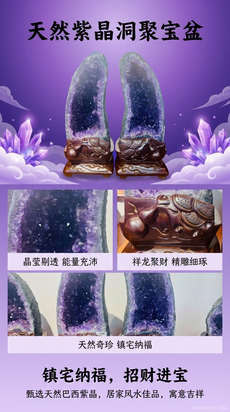 【雅锦佩珠宝】天然紫水晶洞摆件 水晶原石 配件木制工艺品底座详情1