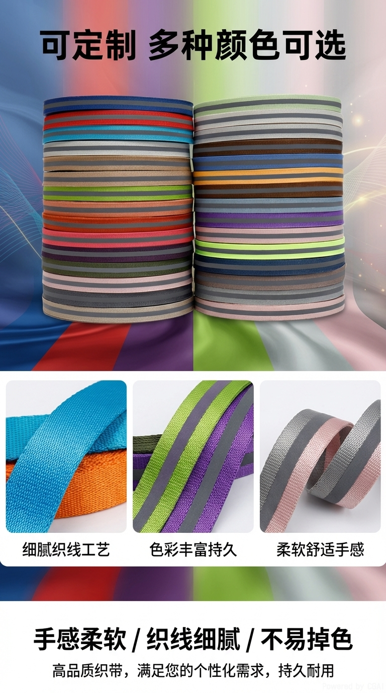 Reflective webbing for shoes, back root webbing, clothing and luggage decoration accessories, black and white, color available for customization, factory direct supply pic 2