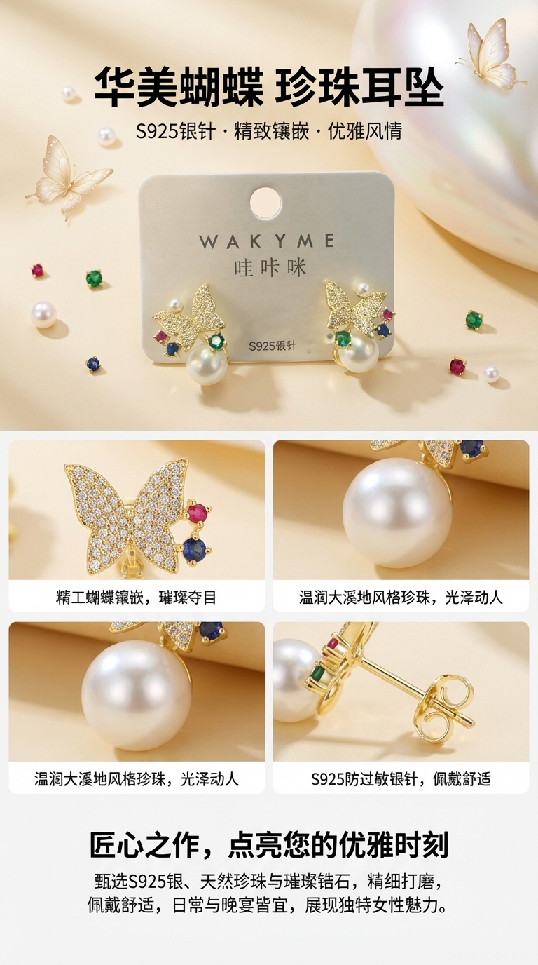 WAKYME蝴蝶珍珠耳钉，S925银针，精致闪耀，时尚百搭。详情1