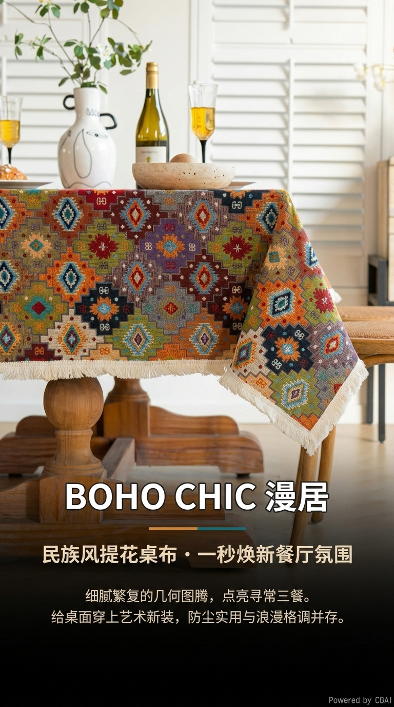 博杰家纺波西米亚桌布法式复古餐桌布布艺棉麻彩色流苏民族风几何田园美式详情1