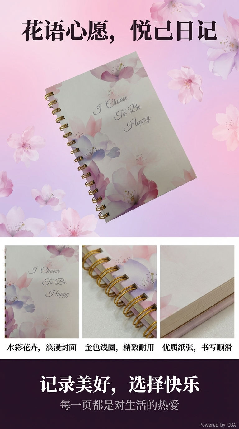 Donghu Paper Products A5 Pink and Purple Gradient Floral Coil Notebook, Fresh floral coil Notebook, Portable notebook, High appearance level planner pic 1