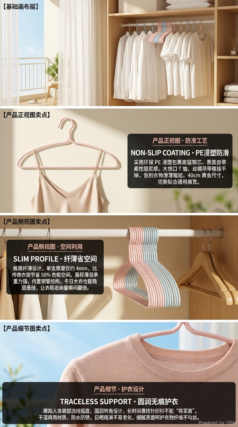 加粗钢芯浸塑衣架阳台衣柜干湿两用晾衣架无痕收纳详情2