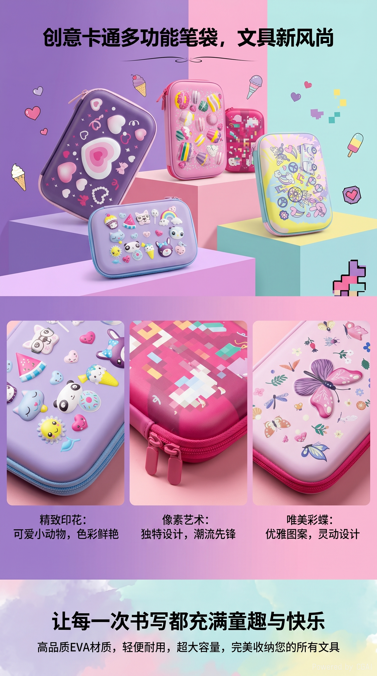可爱卡通图案Eva笔袋文具盒铅笔盒文具可定制单层双层大容量文具铅笔盒文具盒笔袋PVC笔袋详情1