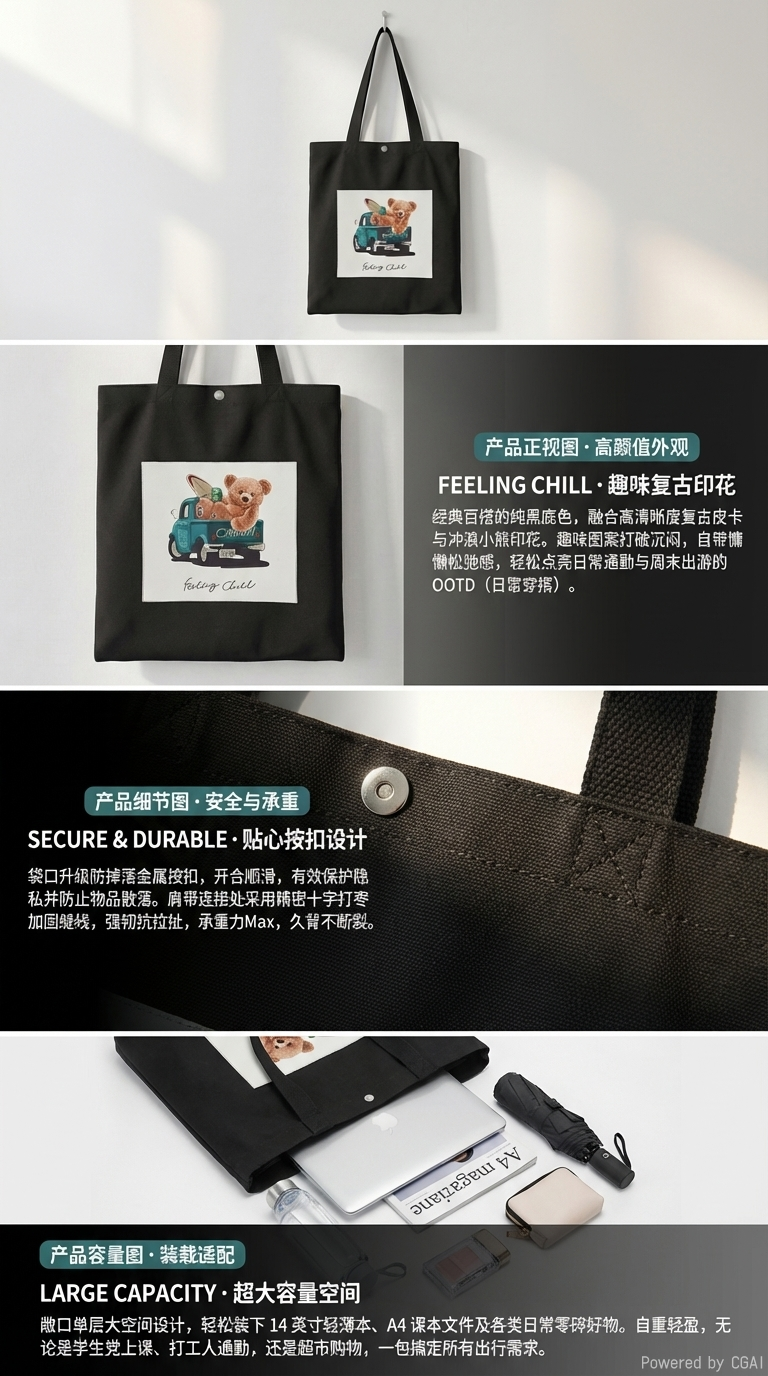 黑色条纹帆布包手提布包单肩女式大容量通勤包详情2