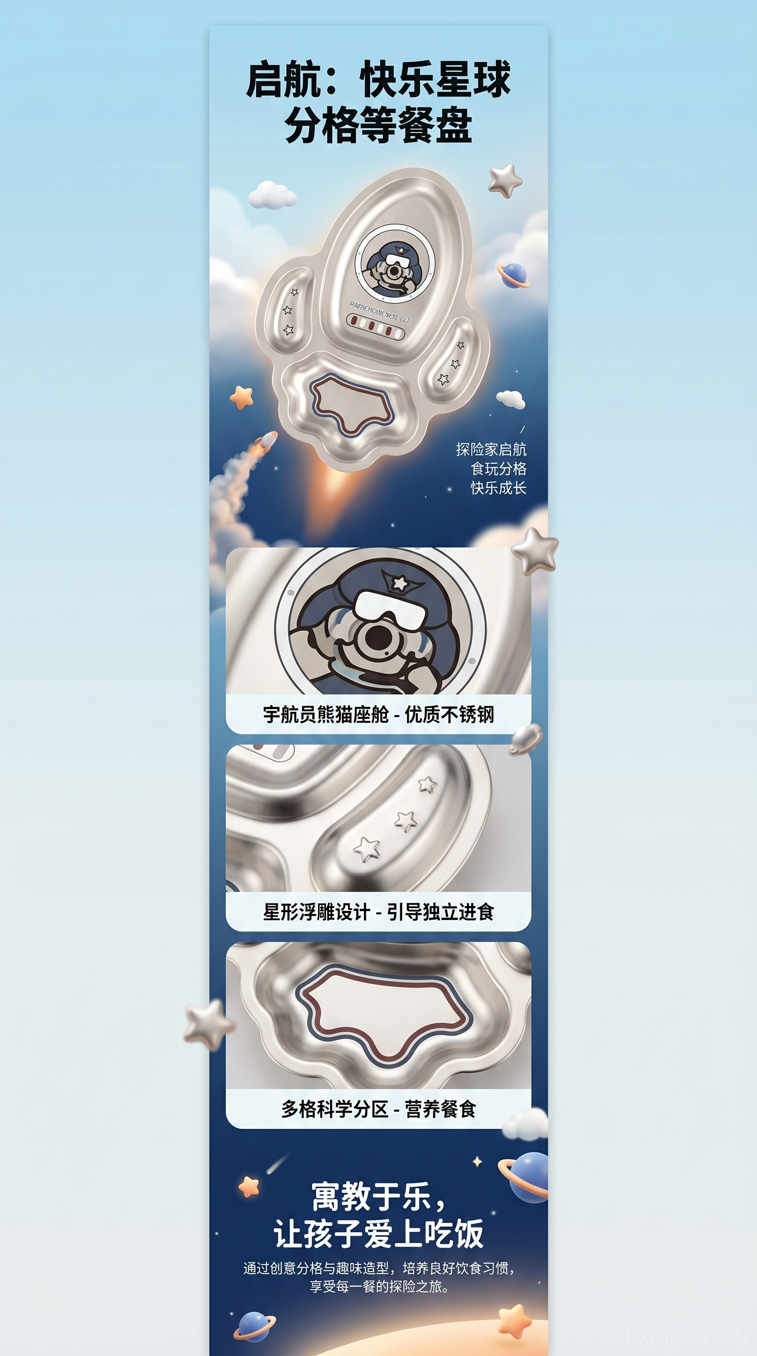金属餐盘安全耐用高颜值P13204-SN-G3儿童火箭分餐盘S-砂光-三眼怪双眼怪单眼怪 pic 1