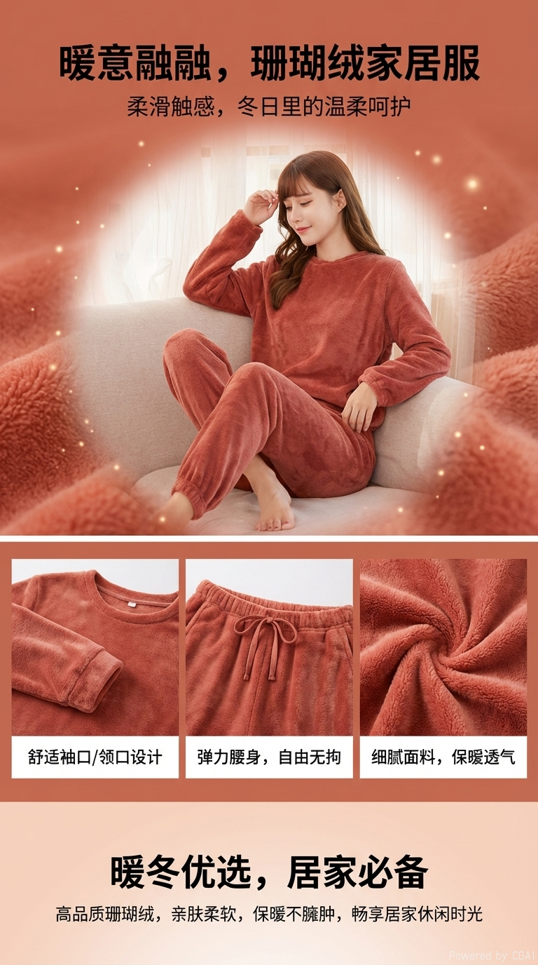 红色珊瑚绒女士家居服套装韩版短袖睡衣女睡裤保暖舒适详情1