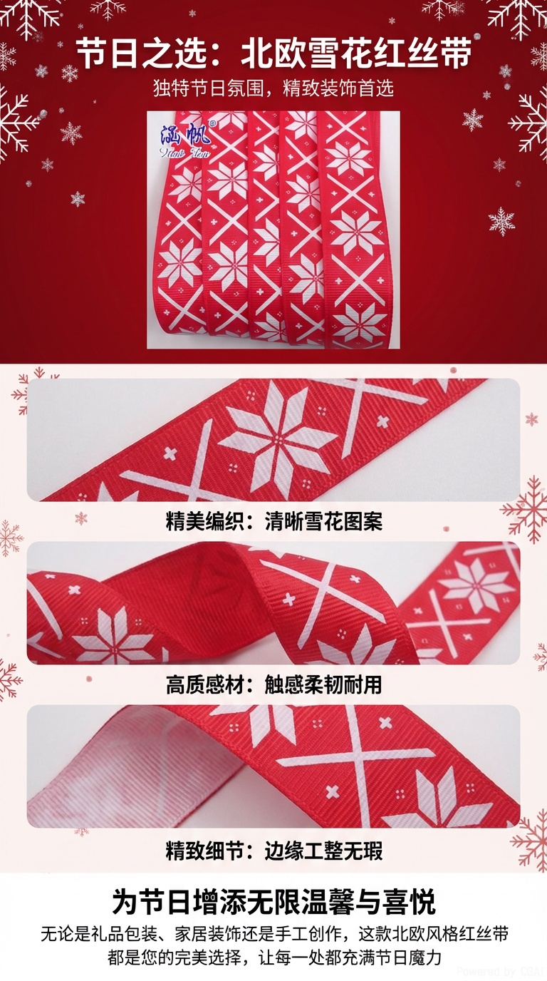 定制2.5CM单色印花罗纹带 白色雪花印刷5分丝带 鲜花礼盒包装彩带详情1