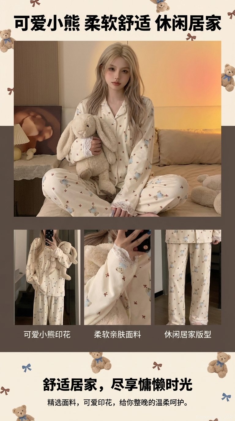 可爱小熊图案儿童莫代尔棉睡衣套装居家服童装详情1
