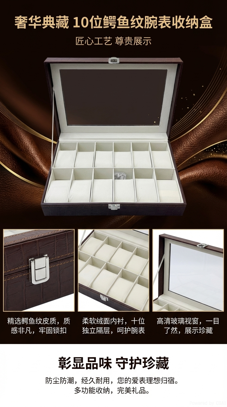 棕色皮革边框手表收纳盒母亲节手表包装盒子详情1
