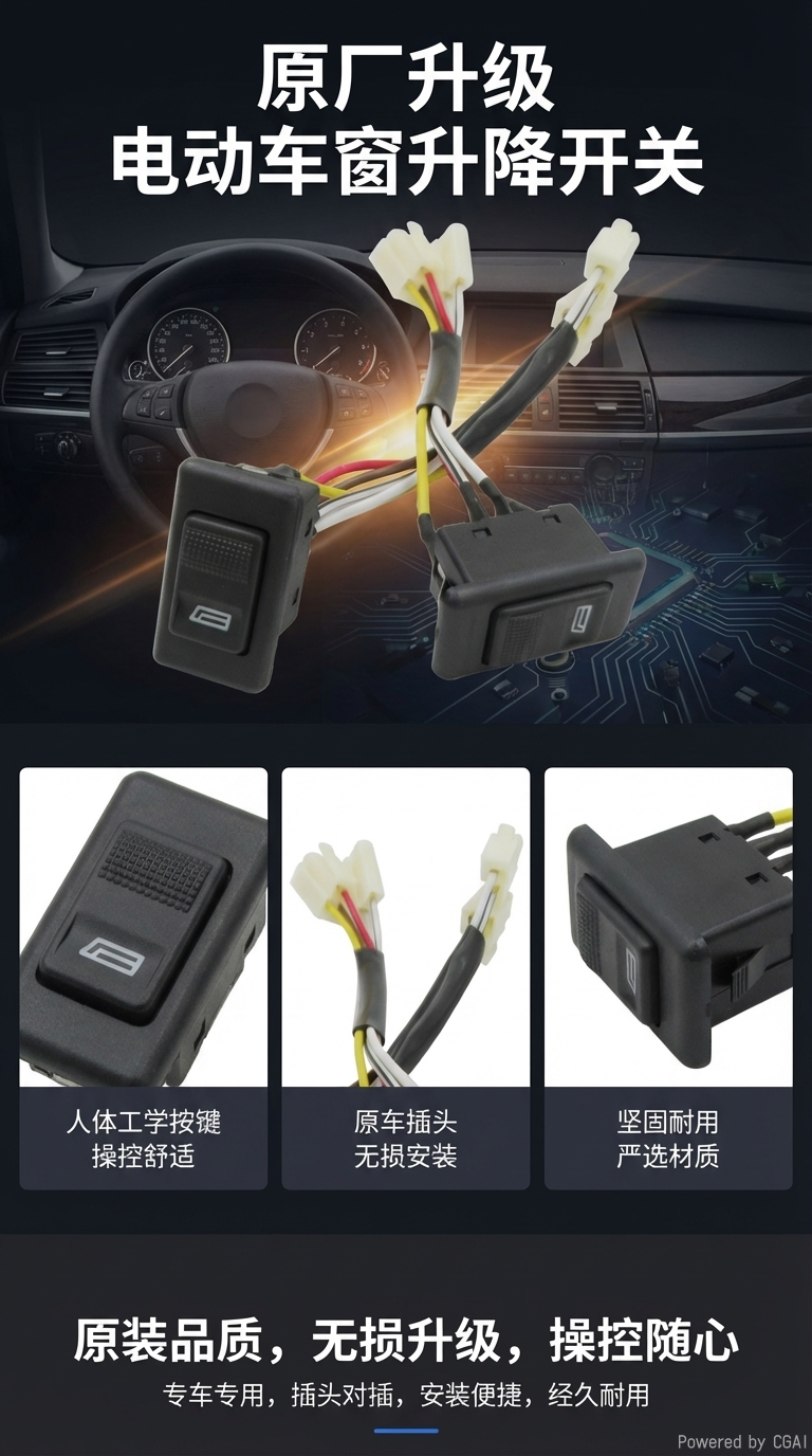 Factory direct sales, suitable for the general public single-opening glass lifter switch 151 switch with wire harness, 2 plastic heads pic 1