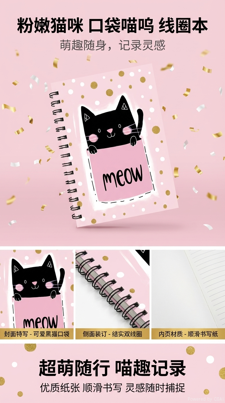 Donghu Paper Products A5 Pink Gold polka Dot Cat Coil Book, Soft and cute Meow pocket Cat, student diary, notebook, Portable Notepad pic 1