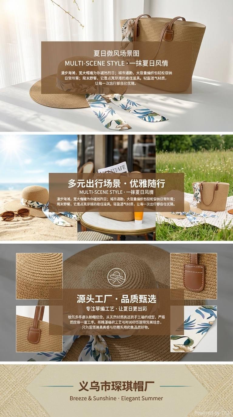 Cross-border New Ladies Spring and Summer straw weaving bag, beach bag, beach hat set of two pieces, floral fabric bow, wide-brimmed straw hat, single-shoulder tote bag, urban style, casual vacation, foldable women's bag, straw weaving art, seaside photo shoot pic 3