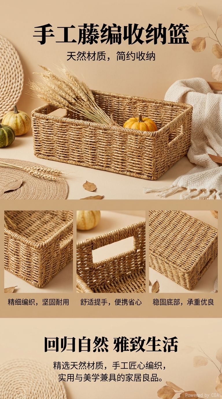泥黄色塑胶藤编织长方形抽孔收纳盆仿藤编收纳盆收纳篮编织收纳篮书本收纳筐水果盆家居杂物收纳篮化妆品收纳篮详情1