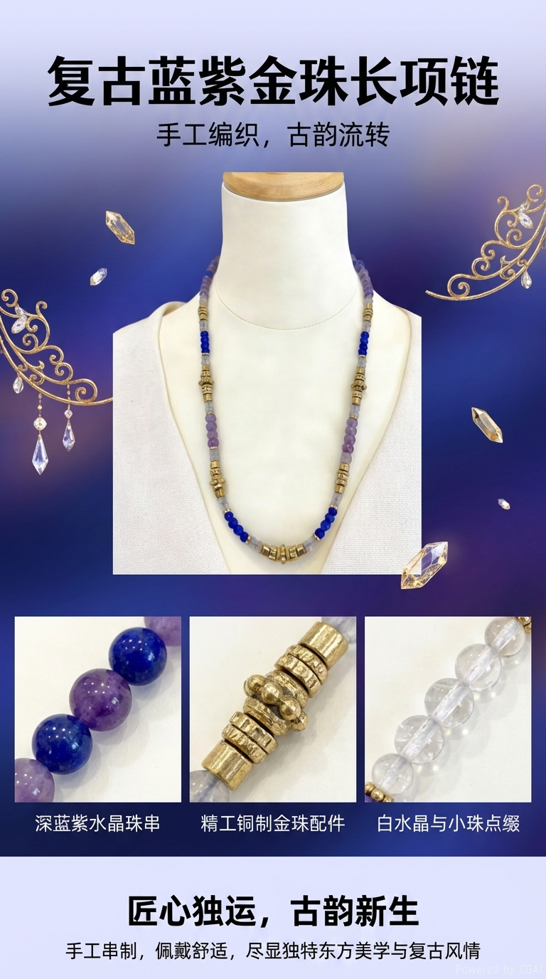 天然石项链女款气质克莱因蓝软陶拼接项链 轻奢彩珠 复古小众设计感颈饰详情1