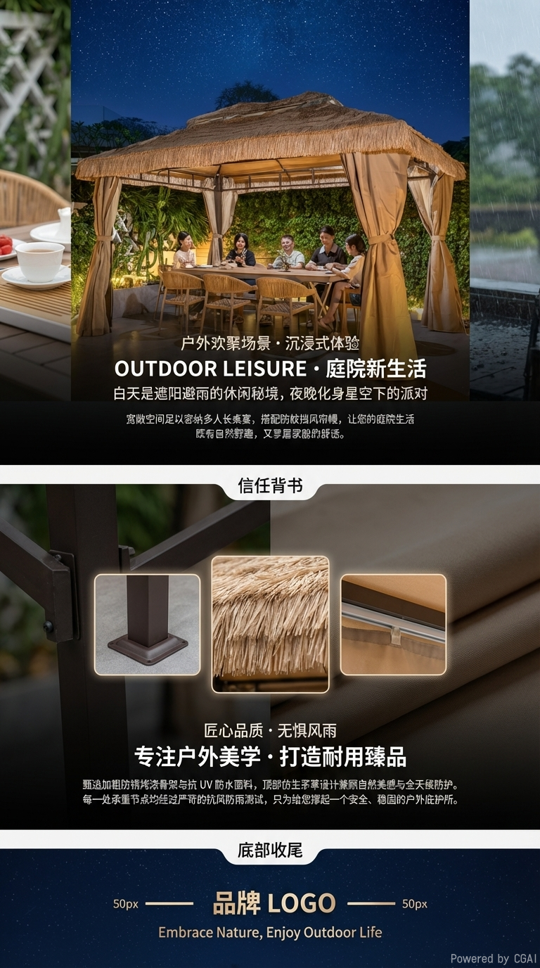 星辰茅草顶凉亭阳光房户外用餐场景搭建庭院遮阳棚详情3