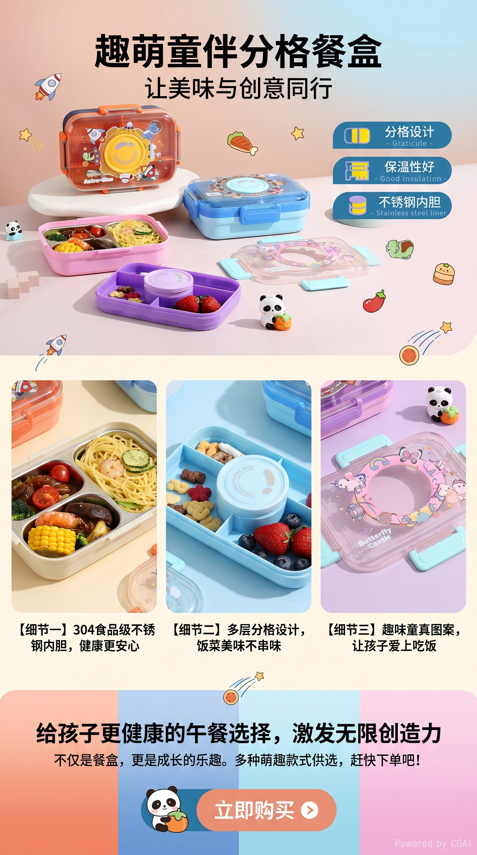 彩色分格便当盒不锈钢玻璃饭盒180ml保鲜盒便当盒详情1