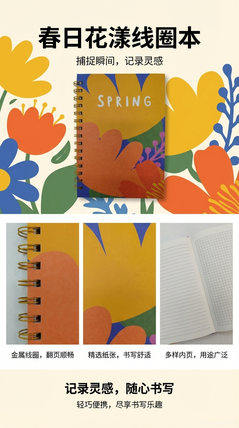 东湖纸品 A5 SPRING暖橙撞色春日花卉线圈本 小众艺术感记事本 高颜值学生横线本 便携办公记事本 手账本详情1