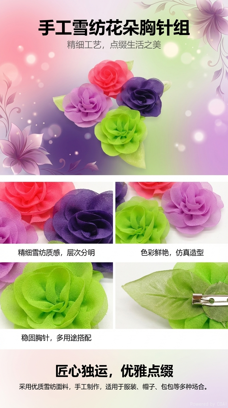 韩版布艺花朵多色DIY雪纺带叶牡丹花 饰品胸花服装辅料鞋材配件详情1