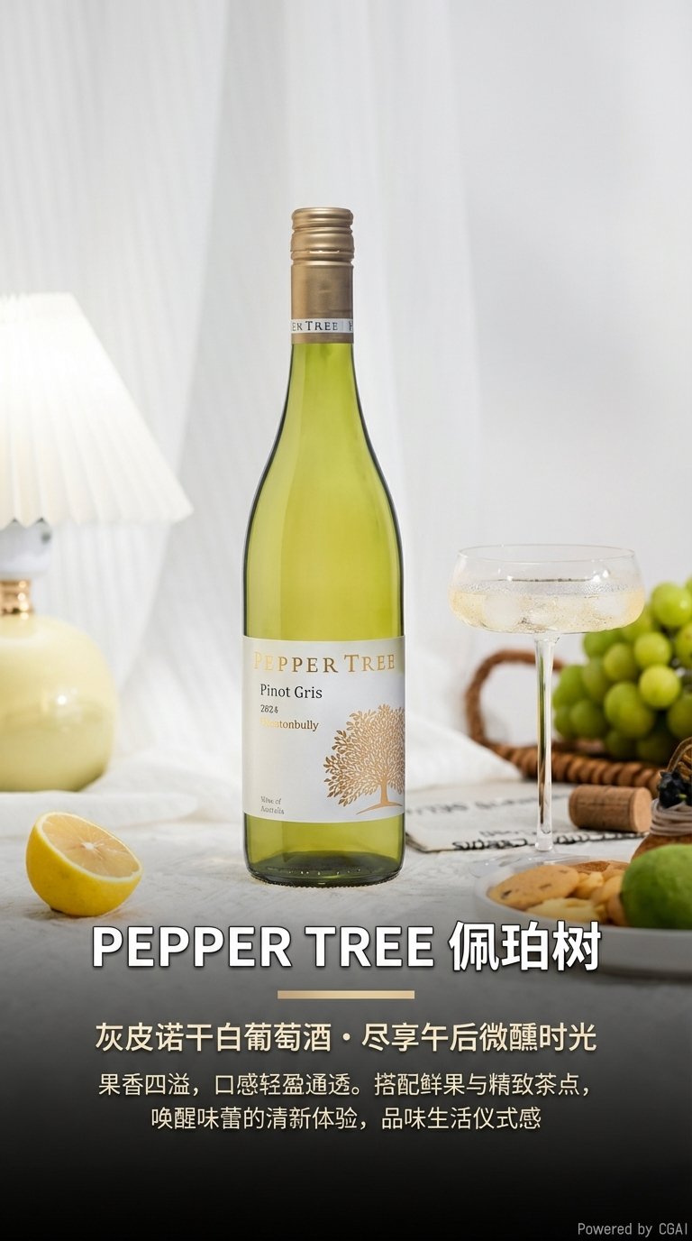 澳大利亚拉顿布里产区胡椒树庄园的灰品诺干白葡萄酒，果味浓郁、口感平衡、略带香料味、回味悠长。详情1