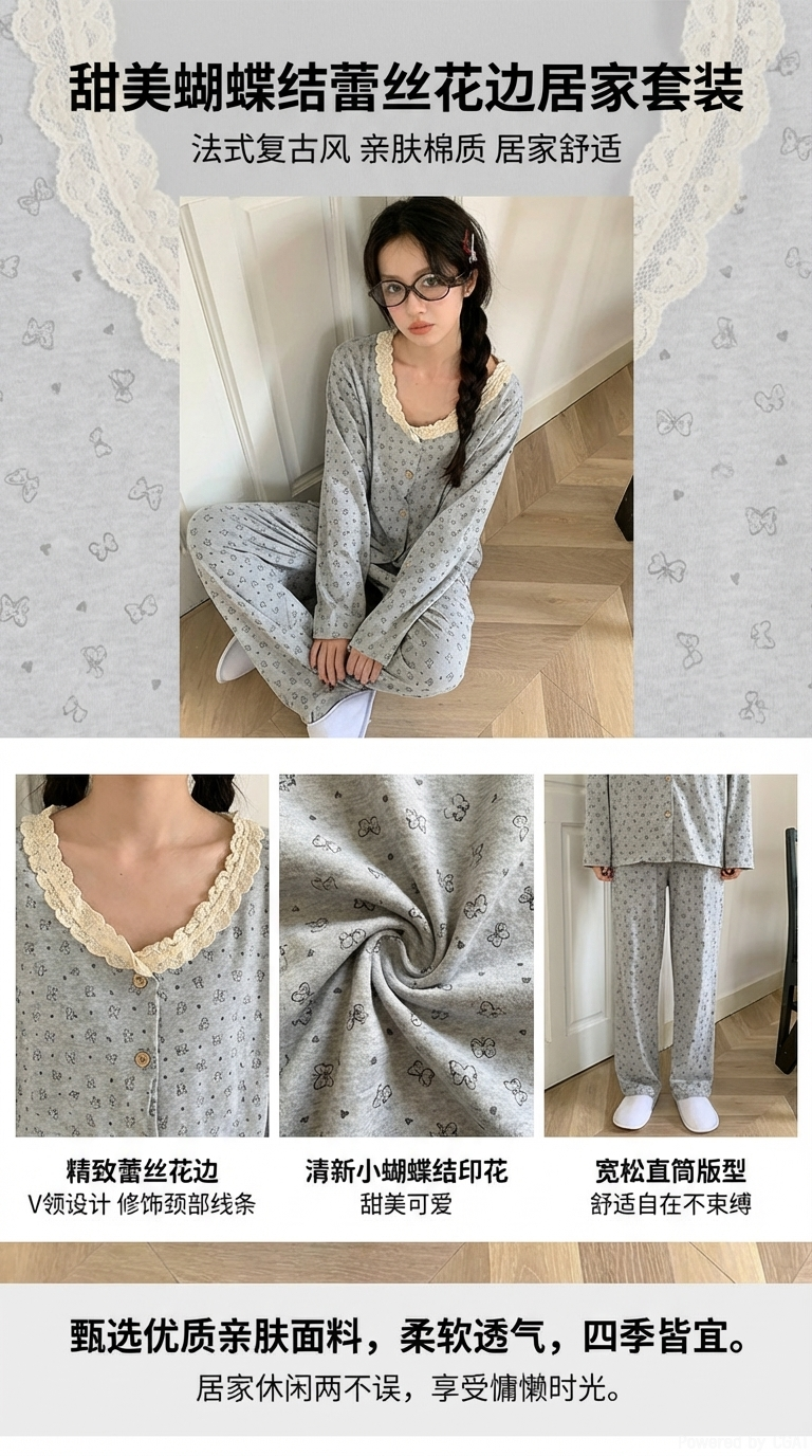 灰色碎花女士家居服短袖韩版睡衣女睡裤舒适透气居家穿着详情1