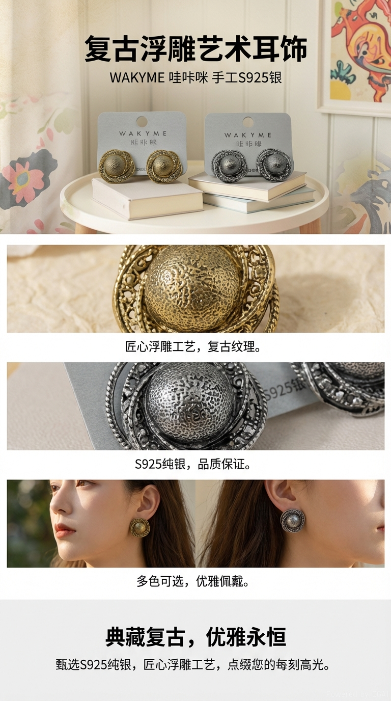 哇咔咪复古耳环亮相，金色与银色两款精致设计，搭配书本陈列，尽显文艺气息。详情1