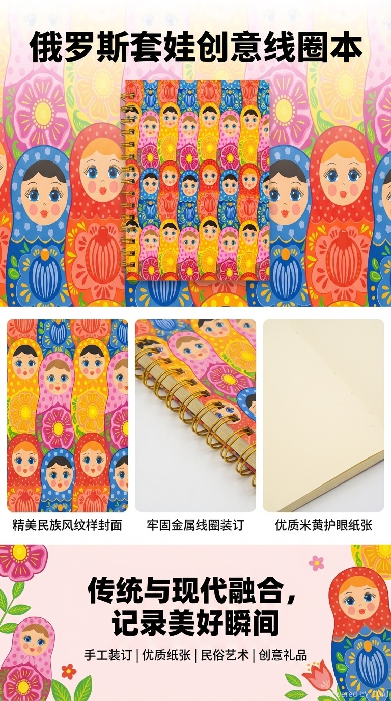 Donghu Paper Products A5 full-page Russian Matryoshka doll coil Notebook, colorful ethnic style illustration student portable notebook, high appearance level planner pic 1