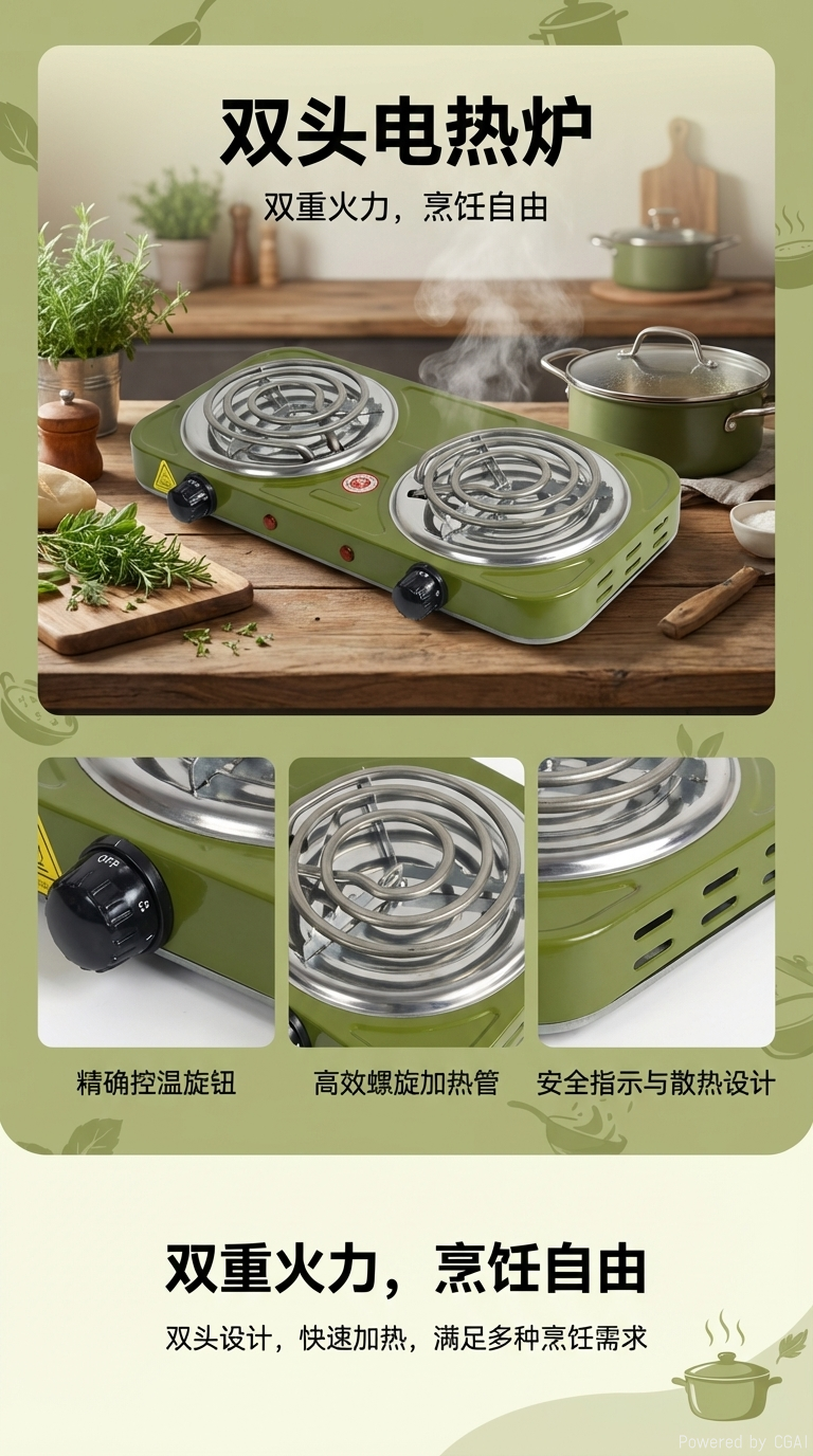 Double-head coil household electric stove, retro style adjustable temperature electric stove, small kitchen tea boiling and heating electric stove, small household appliances pic 1