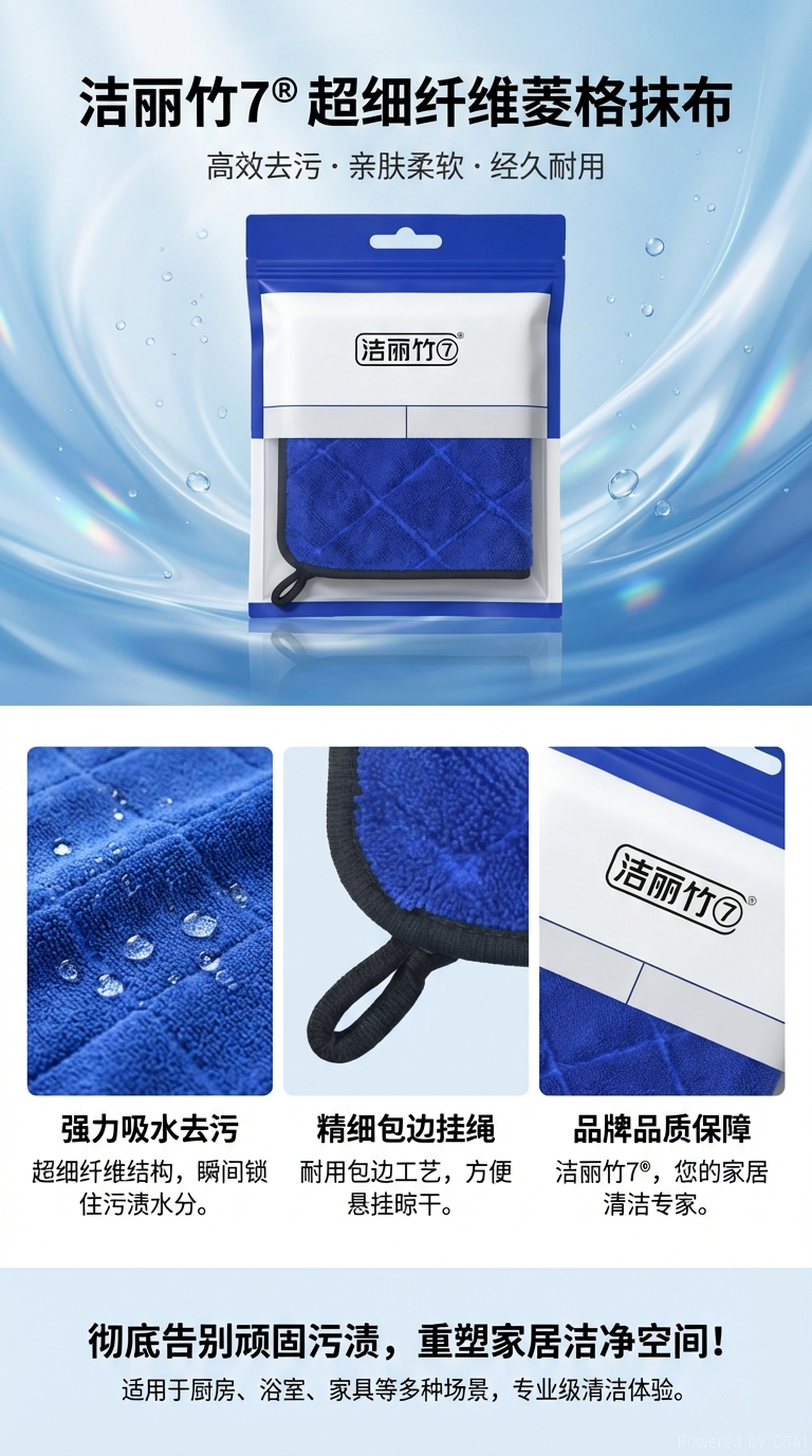 洁丽竹⑦品牌蓝色清洁布马年环保耐用家居用品擦车巾抹布详情1