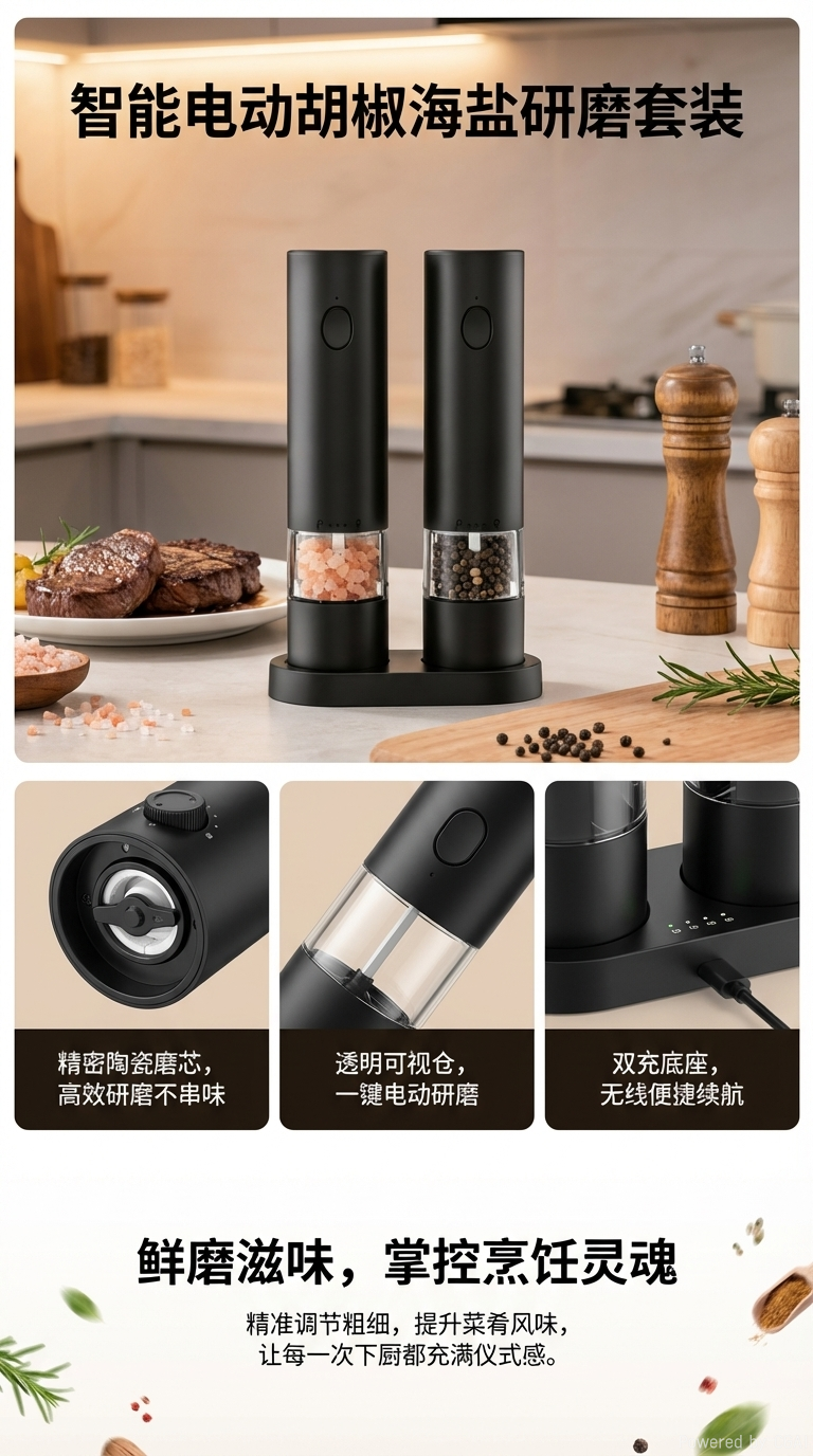 塑料身胡椒研磨器(椭圆键)双套装Type-c充电式电研磨器详情1