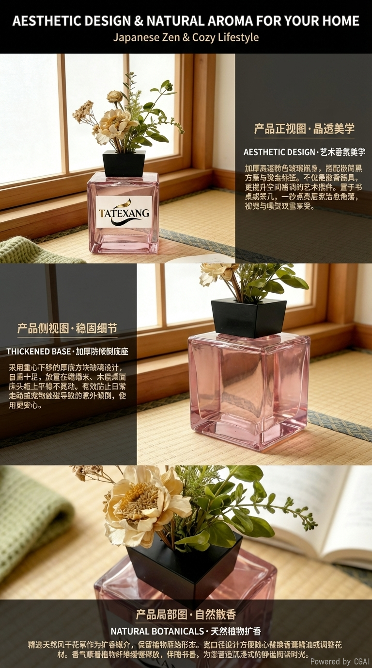 Pink square glass bottle TATEXANG perfume bottle, fragrance bottle, decorative bottle, home decor pic 2