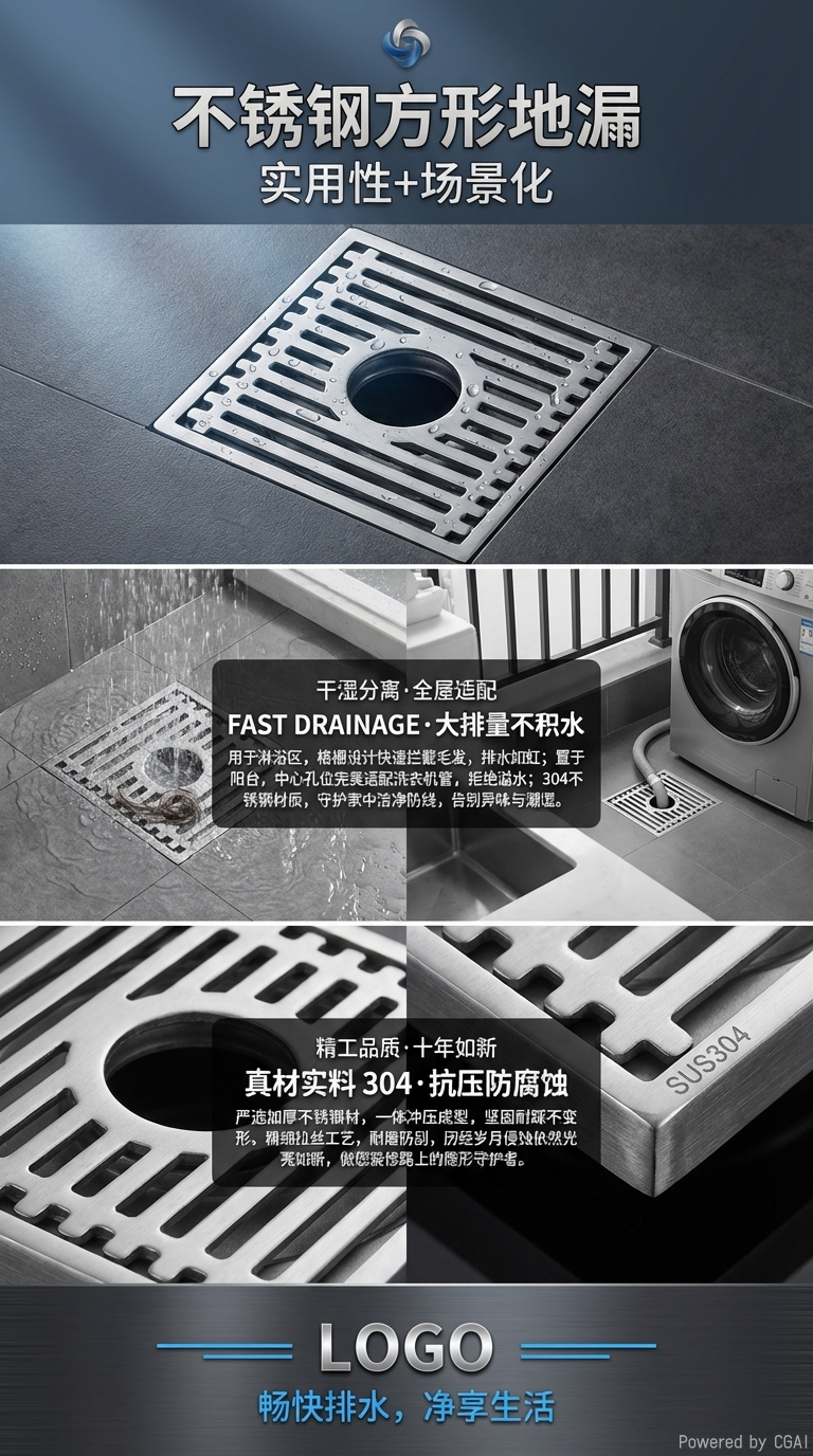 家装建材卫浴五金10*10cm拉丝地漏详情3