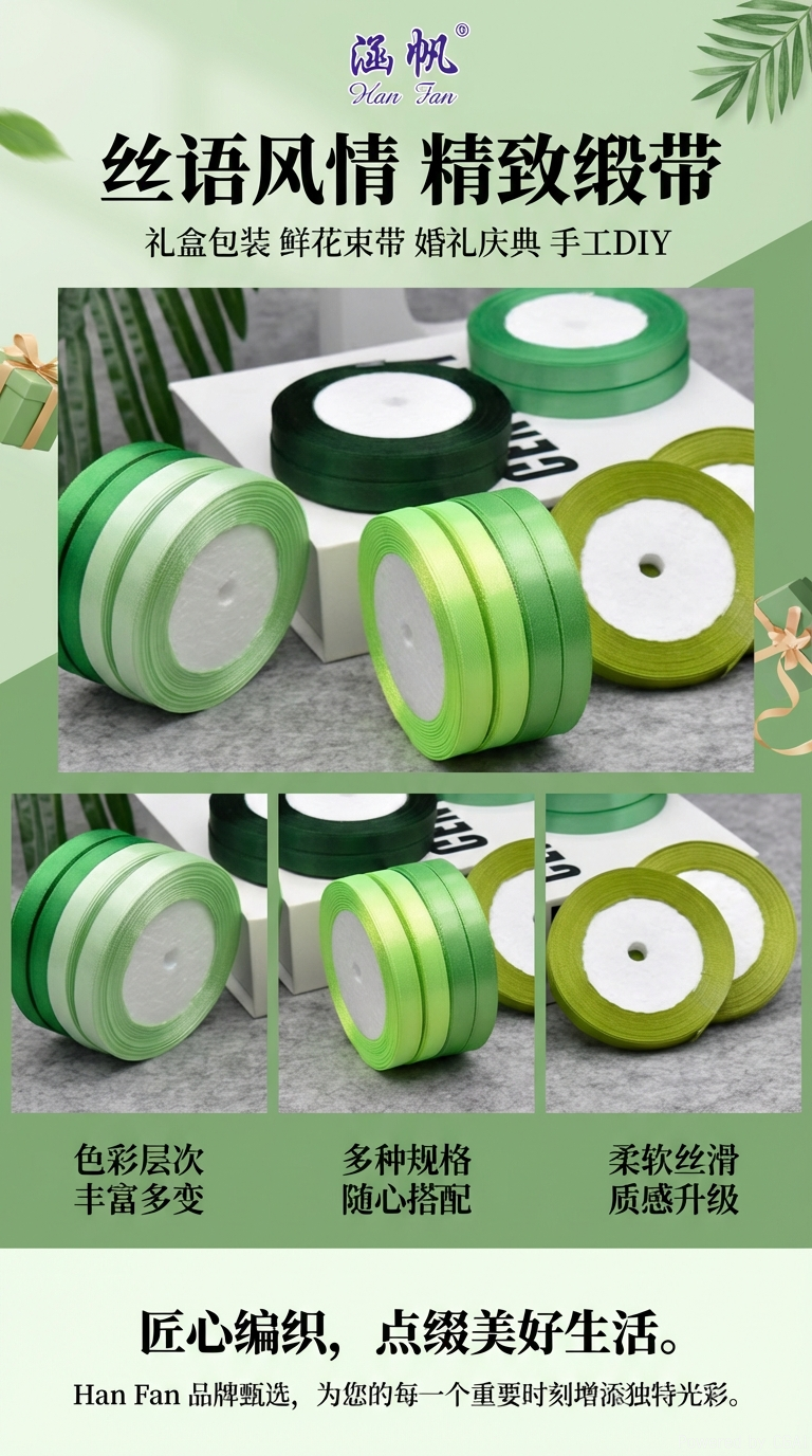 源头工厂绿色丝带丝带卷装饰用品手工材料节日礼盒包装装饰配件50米详情1