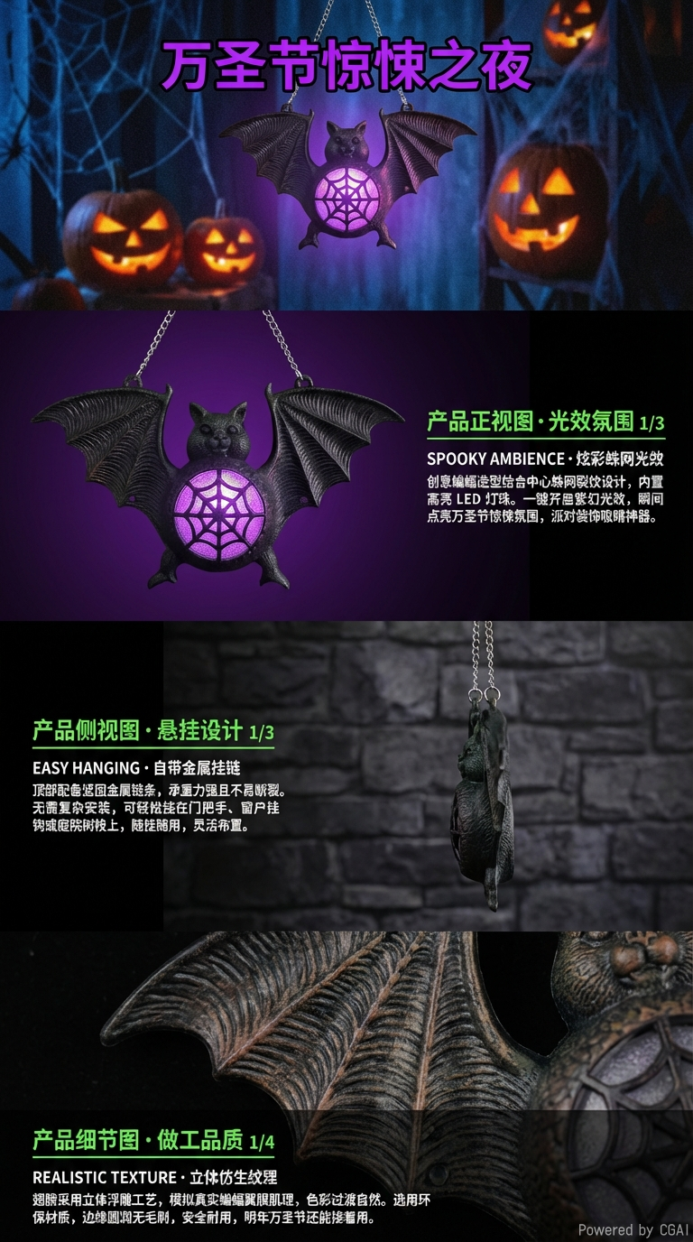 万圣节新款七彩渐变发光塑料蝙蝠灯挂件挂饰鬼节装饰道具详情2