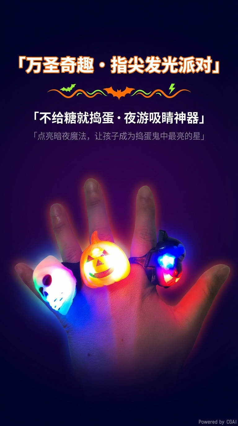 万圣节戒指灯塑料南瓜骷髅蝙蝠戒指发光玩具详情1