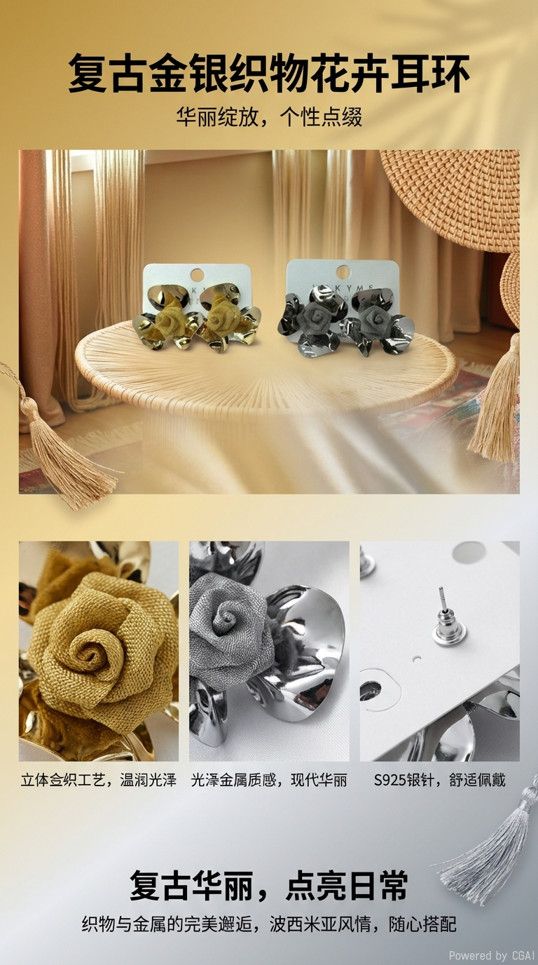 哇咔咪新品复古风花朵耳环搭配书籍，温馨家居布置，时尚与文艺的完美融合。详情1