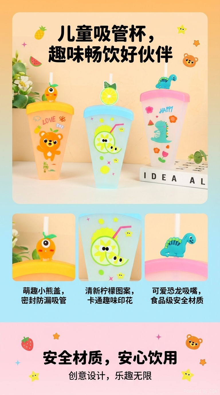 迪尼卡通儿童斜跨水杯塑料杯600ml 防漏便携可爱设计详情1