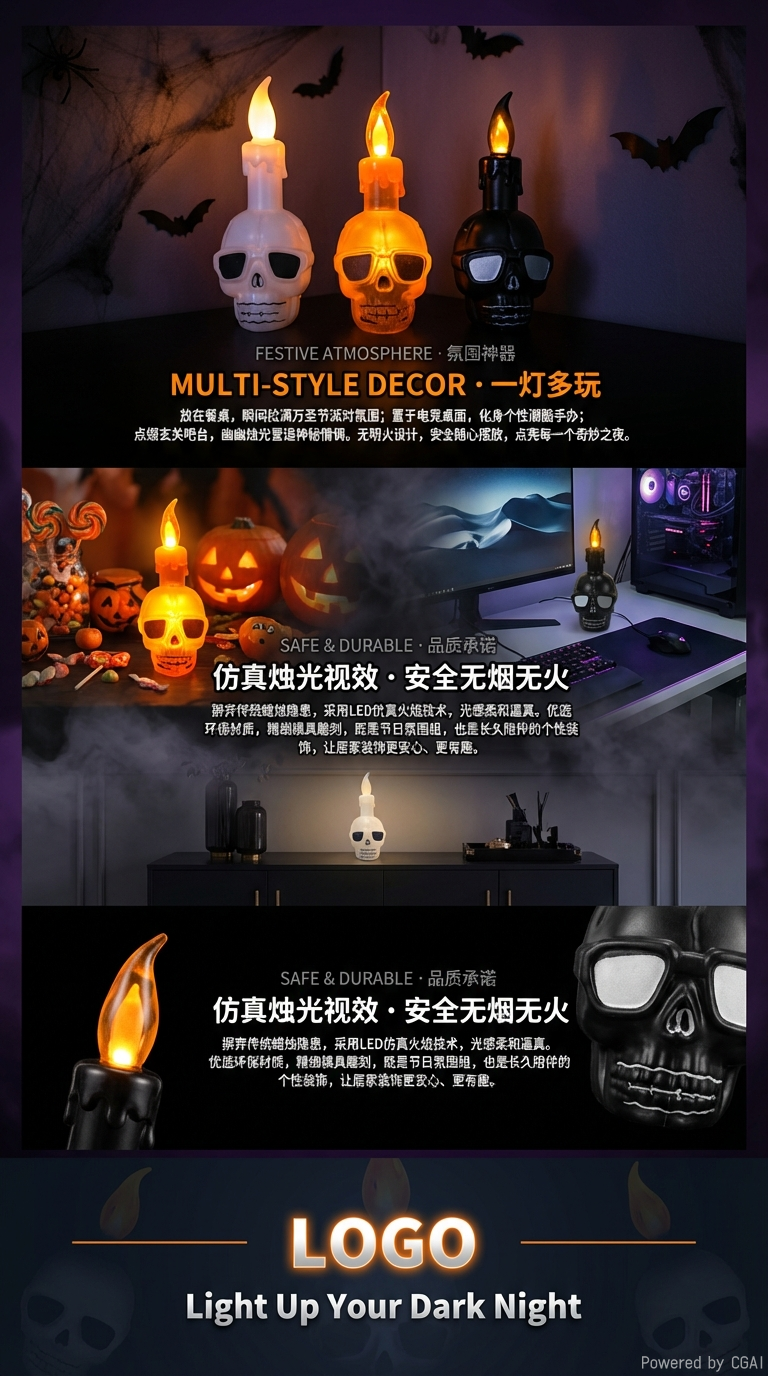 万圣节装饰用品LED发光小夜灯鬼灯骷髅头灯饰发光七彩夜灯详情3