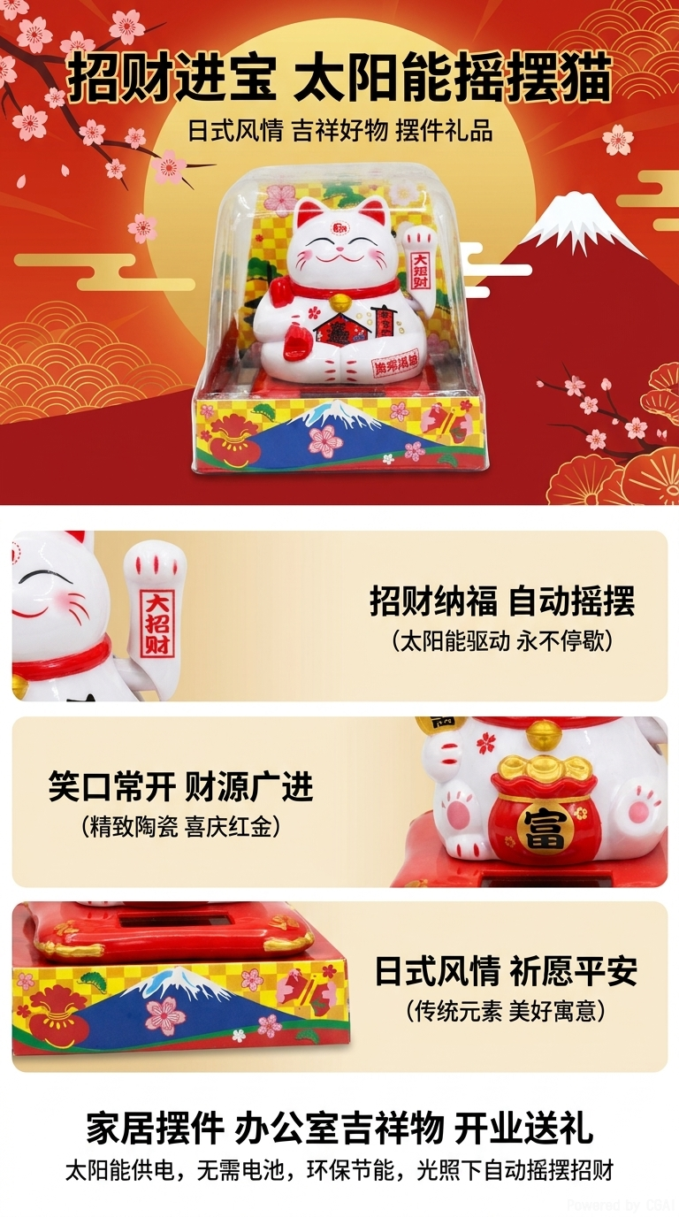 创意太阳能招财猫2寸摆件自动招手八方来财办公桌面收银前台装饰详情1