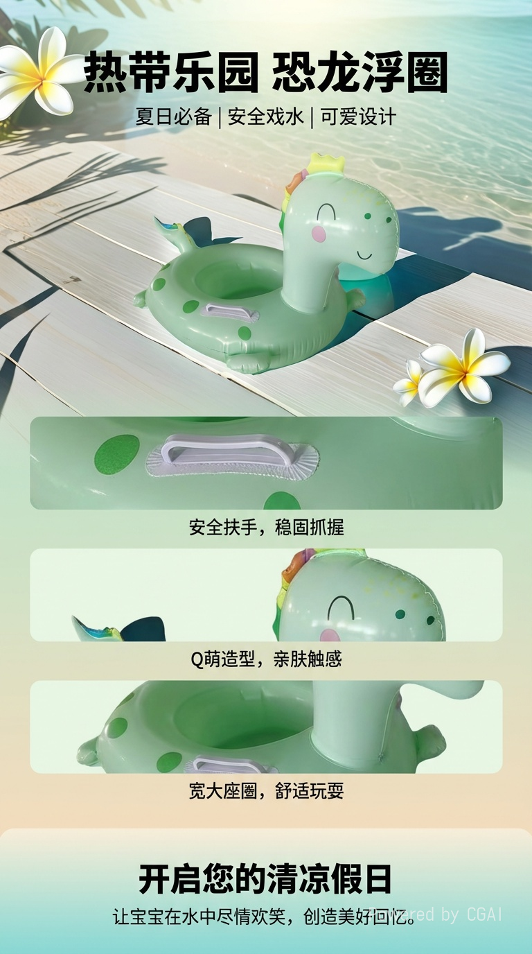 微笑恐龙充气游泳圈带扶手儿童夏季详情1