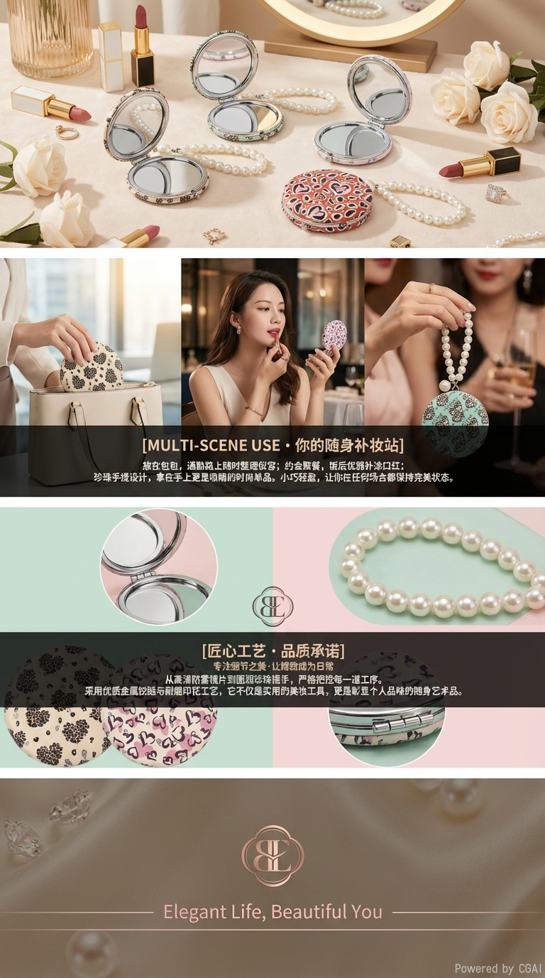 新款大热时尚日韩流行珍珠链镜美妆镜化妆镜便携式小镜子带钻镜学生镜美容镜美发镜珍珠带钻镜镜子镜子镜子镜子详情3