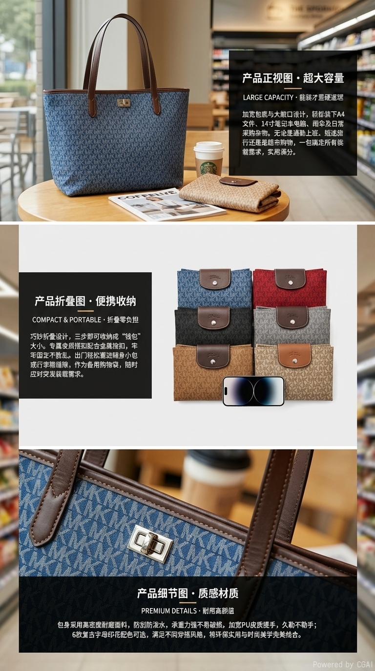 时尚印花手提包大容量通勤办公包单肩斜挎托特包详情2