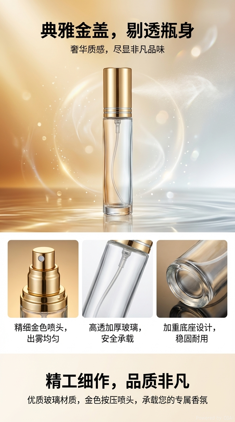 金色瓶盖透明玻璃瓶喷雾香水分装瓶试用装12ml详情1