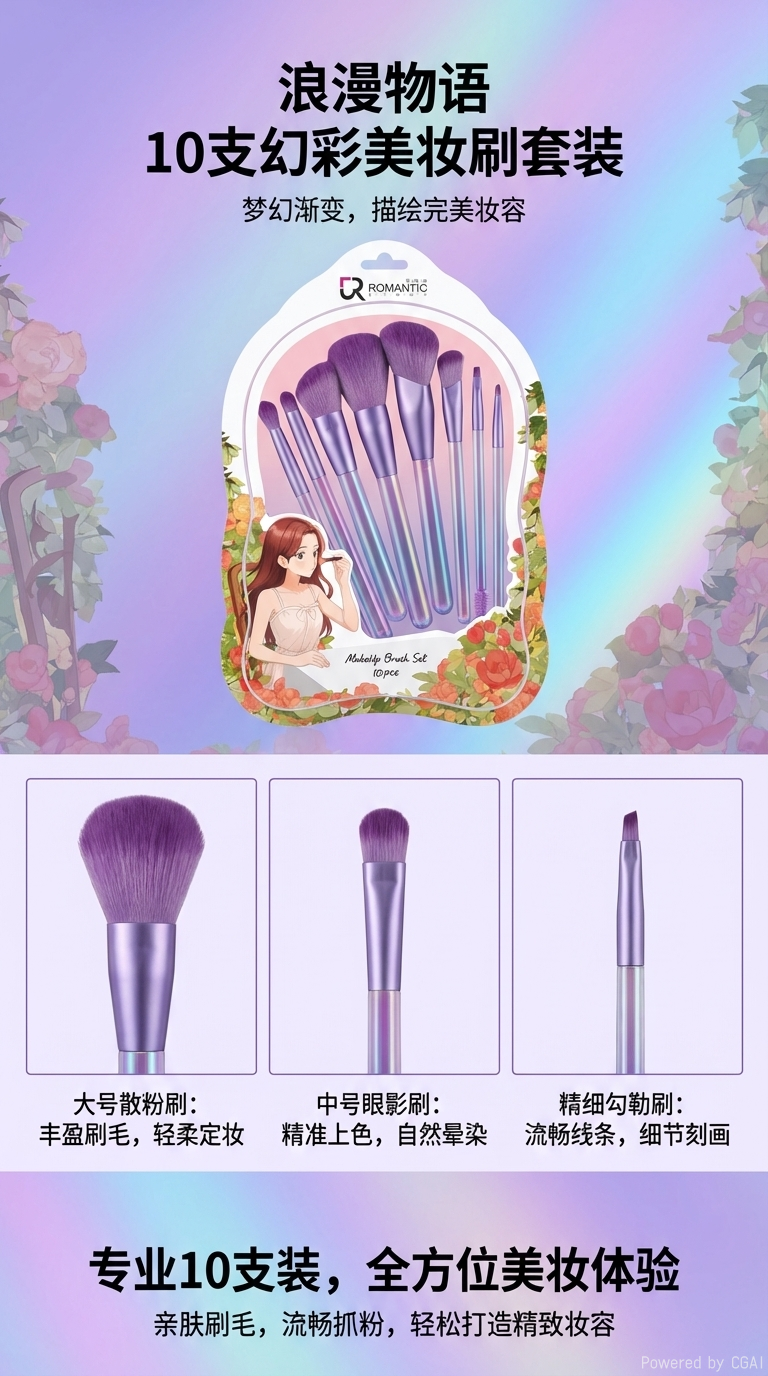 Romance 10 Colorful Handle Brushes + Powder puff + storage bag pic 1