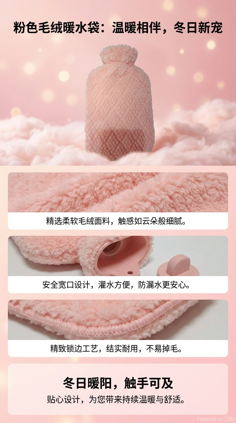 国际贸易粉色毛绒简约注水款热水袋不限年龄使用冬季橡胶热水袋可定制可设计款式加logo。详情1